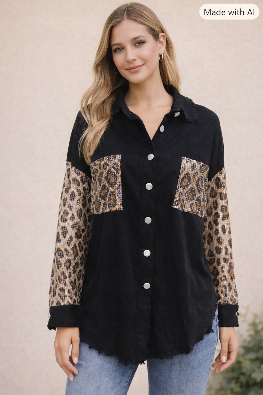 ChicMe Black Button‑Up Shirt w/ Leopard Sequin Sleeves – Oversized Medium
